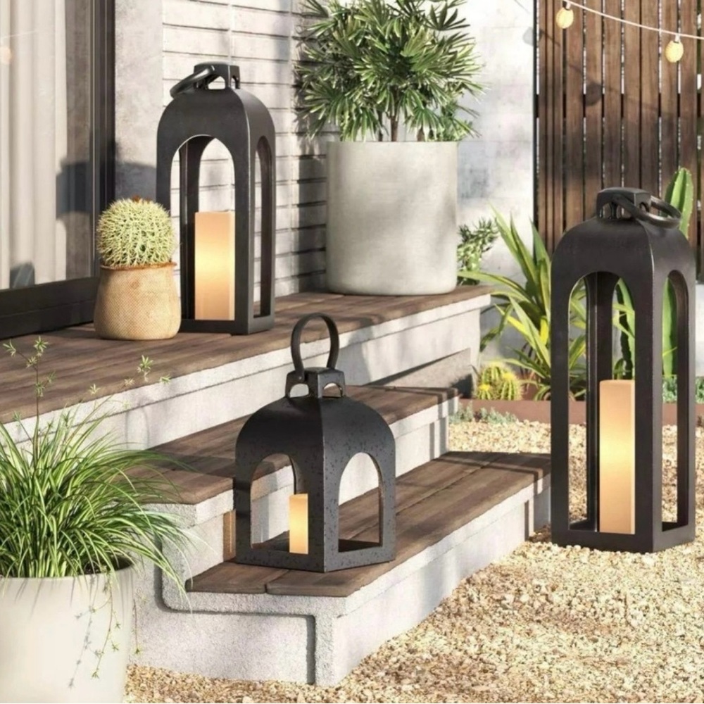 **Set of 2** Threshold 13.5x7.7" Pillar Cast Aluminum Black Lantern Studio McGee - Picture 3 of 4